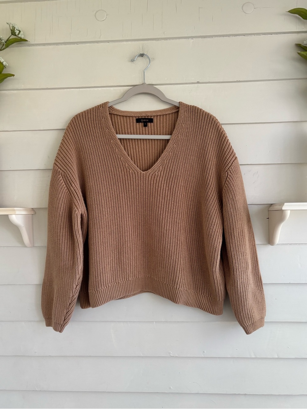 Quince Women's 100% Organic Cotton Fisherman V Neck Sweater Camel Size Large